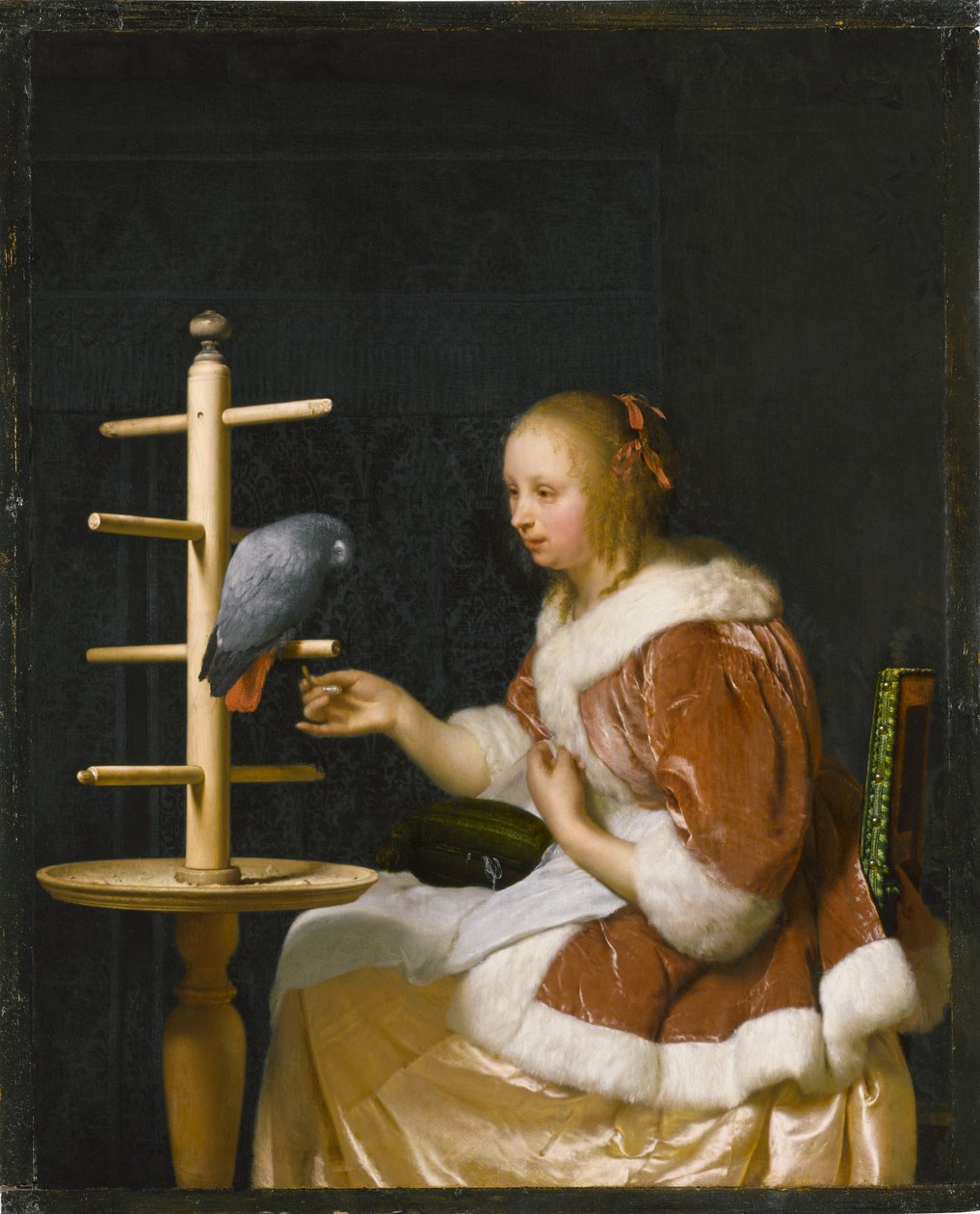 Nuori nainen ruokkimassa papukaijaa, 1663. tekijältä Frans van Mieris the Elder