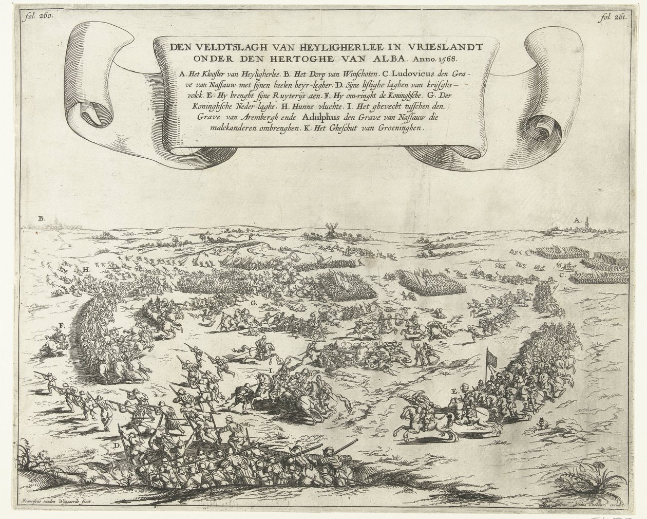 Heiligerleen taistelu, 1568 Heyligherleen taistelu Vrieslandtissa Alban herttuan alaisuudessa. Anno 1568 (otsikko esineessä) tekijältä Frans van den Wijngaerde