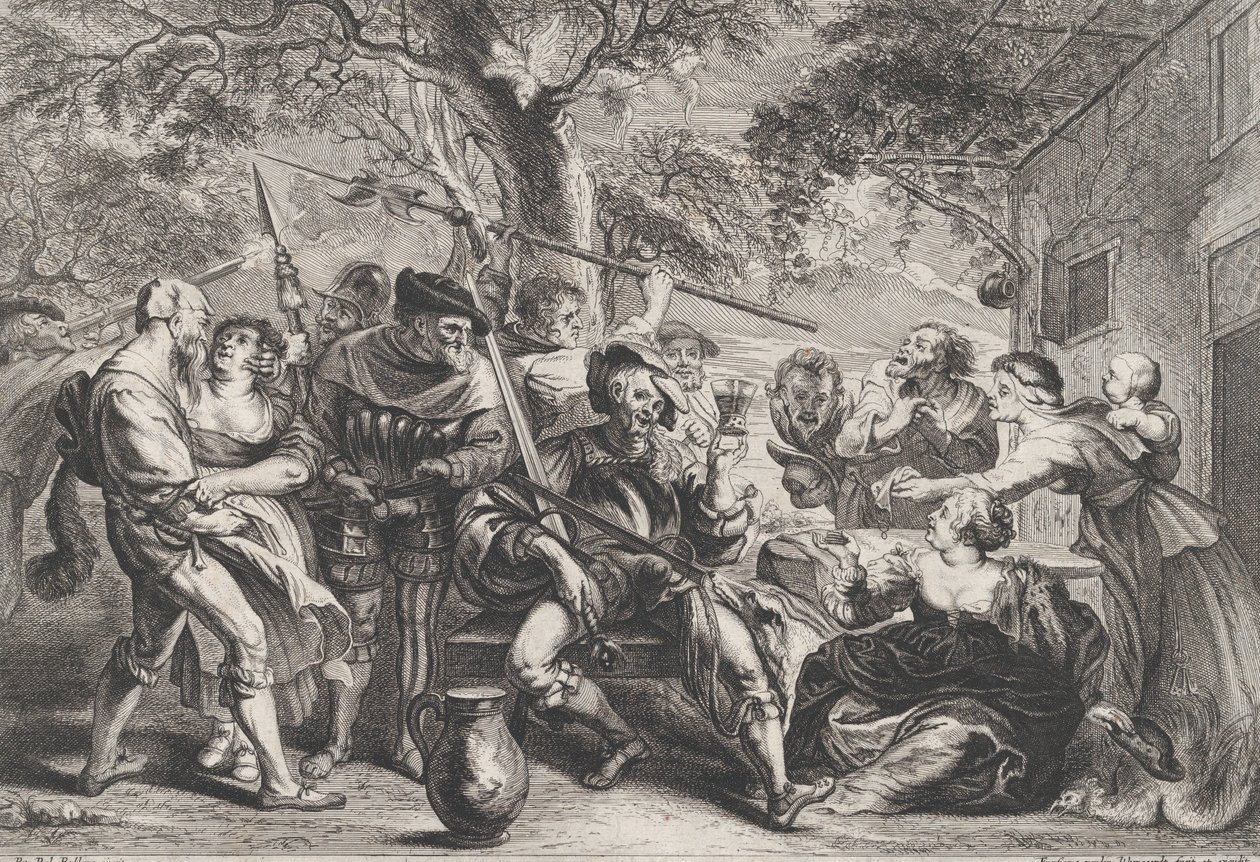 Don Quijote ja La Santa Hermandadin joukot tavernan ulkopuolella, n. 1635-79. tekijältä Frans van den Wyngaerde
