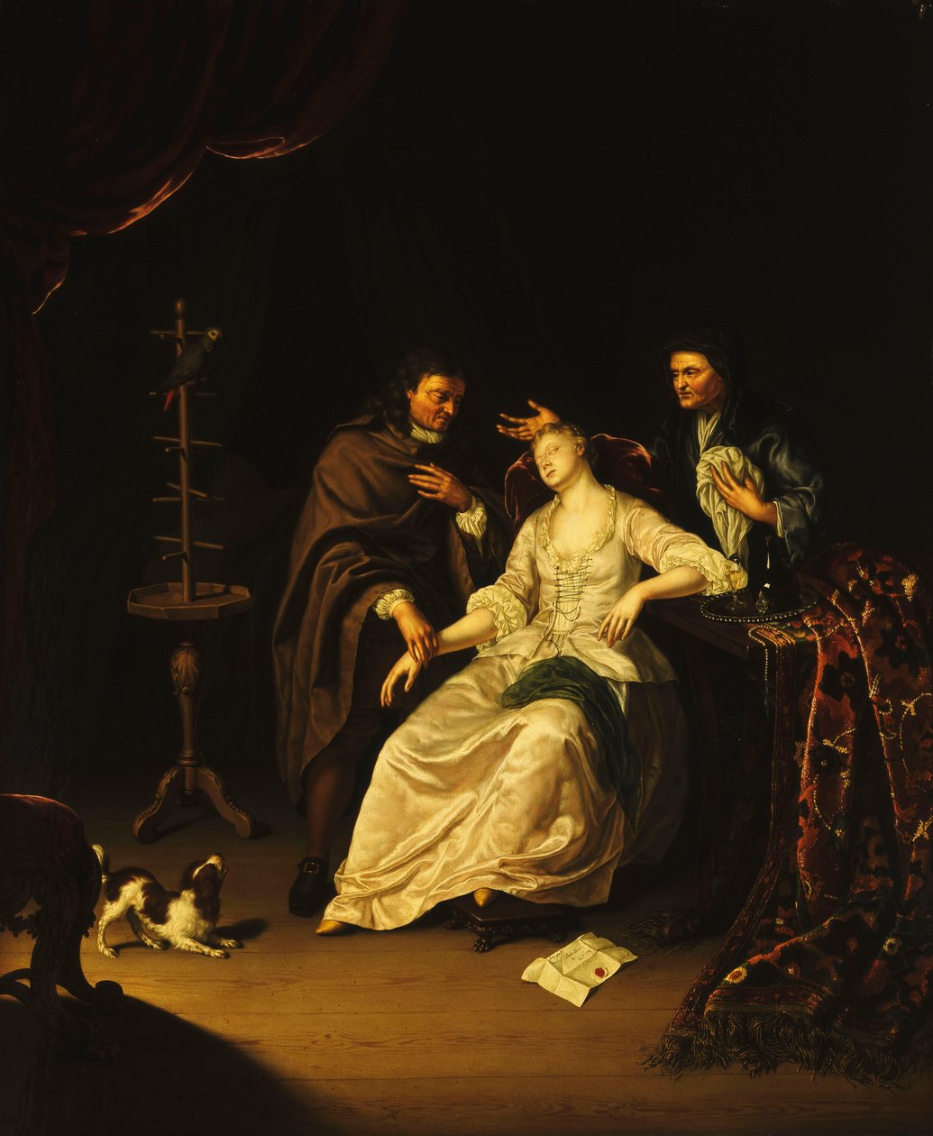 Lääkäri hoitaa pyörryttävää tyttöä, 1713 tekijältä Frans van the Younger Mieris