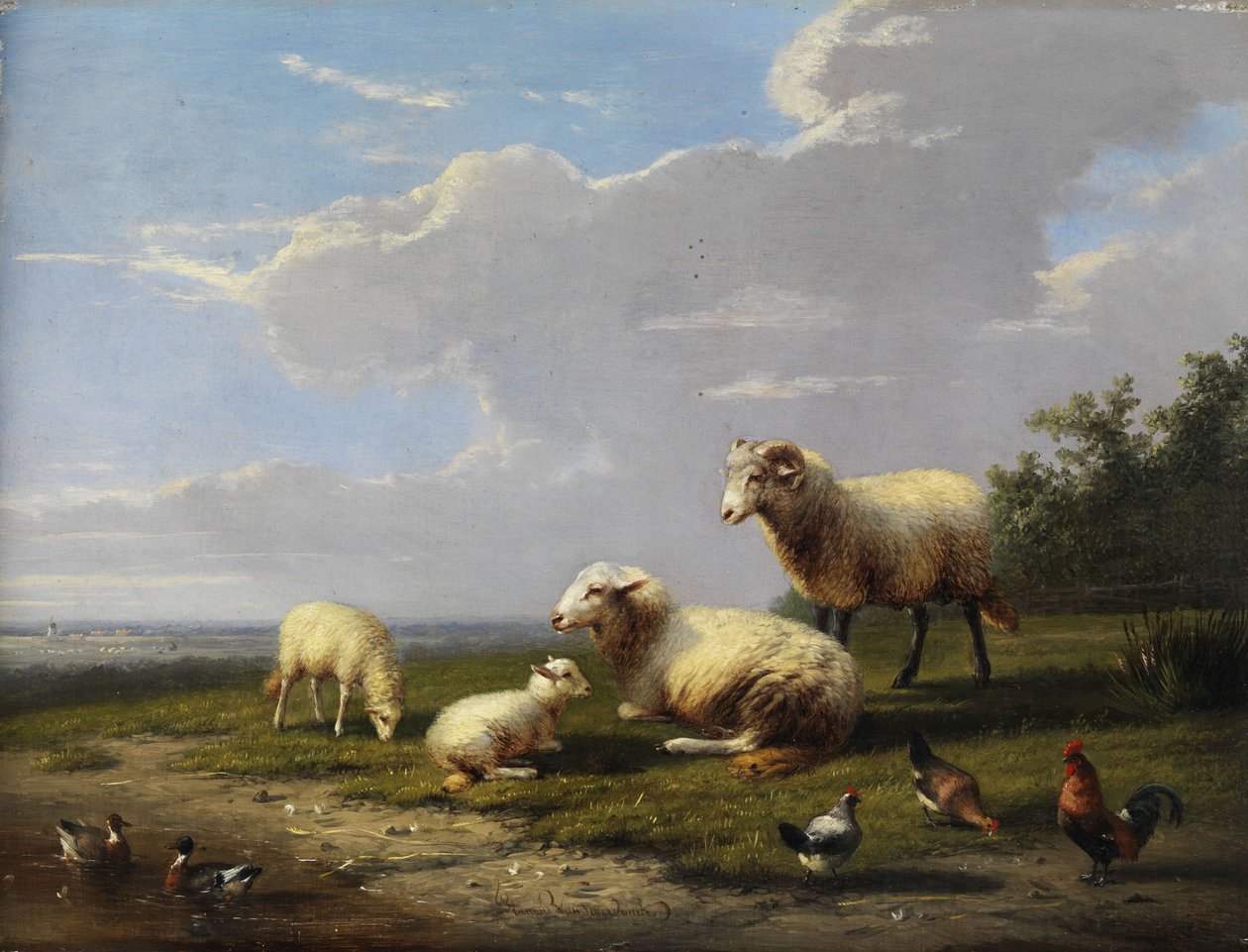 Weite Frühlingslandschaft mit Schafen, Hühnern und Enten tekijältä Franz van Severdonck