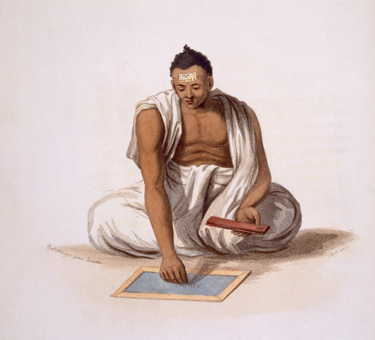 Dyback eli astrologi, E. Ormen teoksesta "Costumes of India", 1804 (värillinen etsaus). tekijältä Franz Balthazar Solvyns