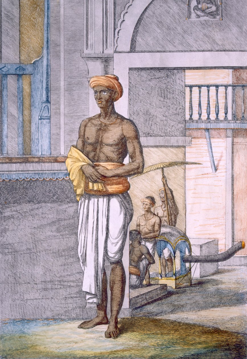Bengali, joka palvelee portterina palanquin-taksi taustalla, teoksesta "Hindut, tai niiden tapojen, pukujen ja seremonioiden kuvaus", n. 1808-1812 (värillinen etsaus) tekijältä Franz Balthazar Solvyns