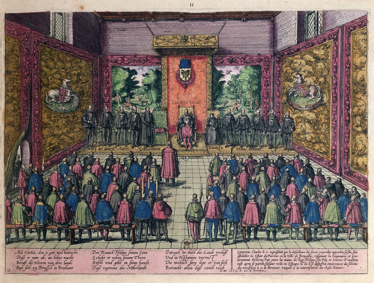 Keisari Kaarle V (1500-58) ilmoittaa luopuvansa vallastaan Ala-Maissa pojalleen ja perilliselleen Philip II:lle (1527-98) Brysselin hovissa 25. lokakuuta 1555 (värillinen eng) tekijältä Franz Hogenberg