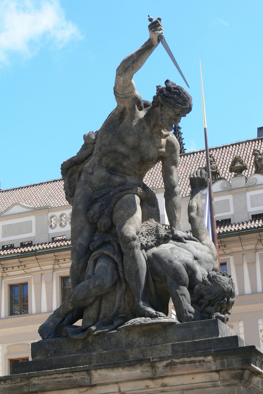 Taistelevien jättiläisten patsas, Prahan linnan ja presidentinlinnan ulkopuolella Hradcany, 1. piha, 1768 tekijältä Franz Ignaz Platzer