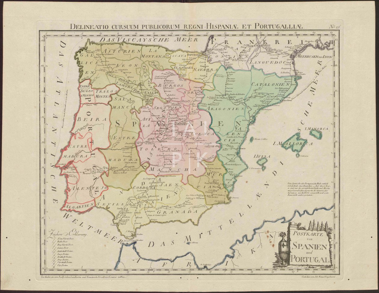 Espanjan ja Portugalin postikortit. Delineatio Cursuum Publicorum Regni Hispaniae et Portugalliae [n. 1 tekijältä Franz Johann Joseph von Reilly  
