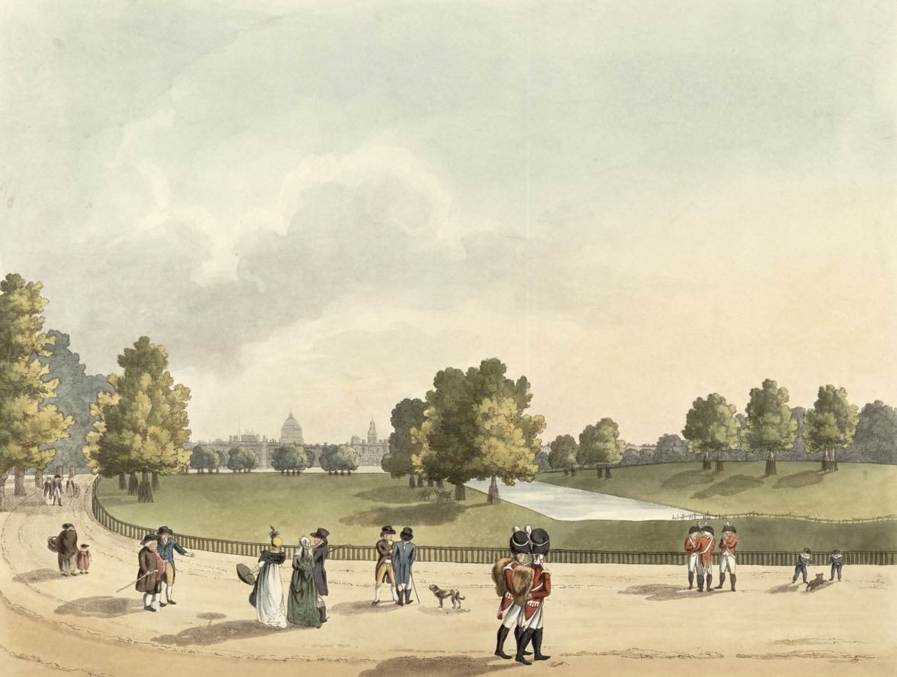 Näkymä St. Jamesin puistossa Horse Guardsista ja St. Paulista, otettu Buckingham Housesta, kaiverrus Heinrich Joseph Schutz (1760-1822), pub. Ackermann Gallery, 1809 (akvatinta) tekijältä Franz Joseph Manskirch