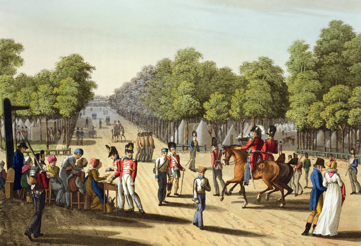 Brittiläisen armeijan leiri Boulognen puistossa 1815, kaiverrettu Matthew Dubourgin (1813-20) teoksesta 