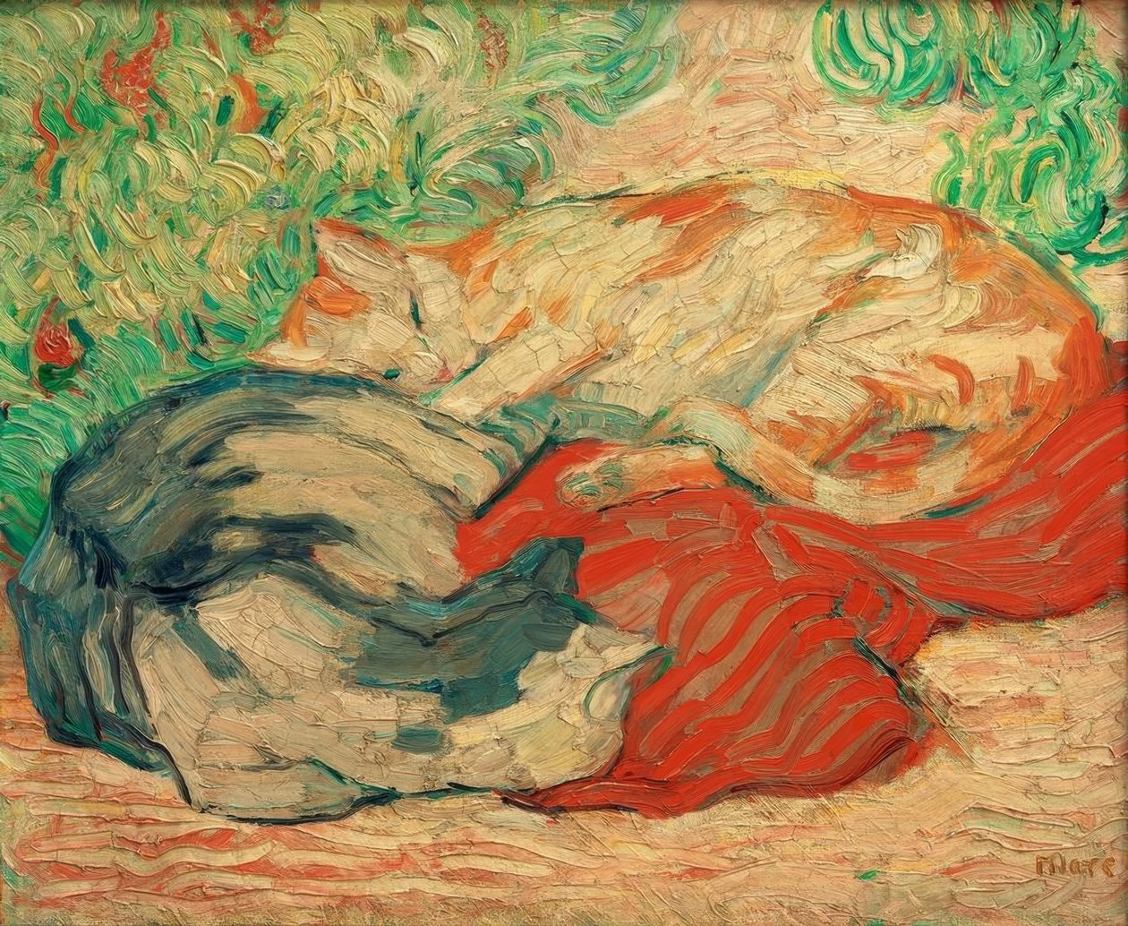 Kissat punaisella kankaalla tekijältä Franz Marc