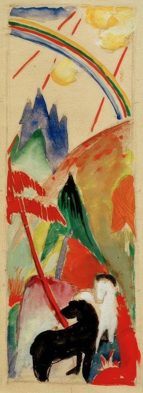 Schwarzes und weißes Pferd in Gebirgslandschaft mit Regenbo tekijältä Franz Marc
