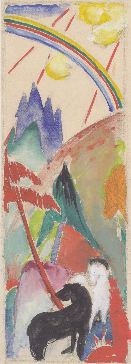Mustavalkoinen hevonen vuoristomaisemassa sateenkaaren kanssa tekijältä Franz Marc