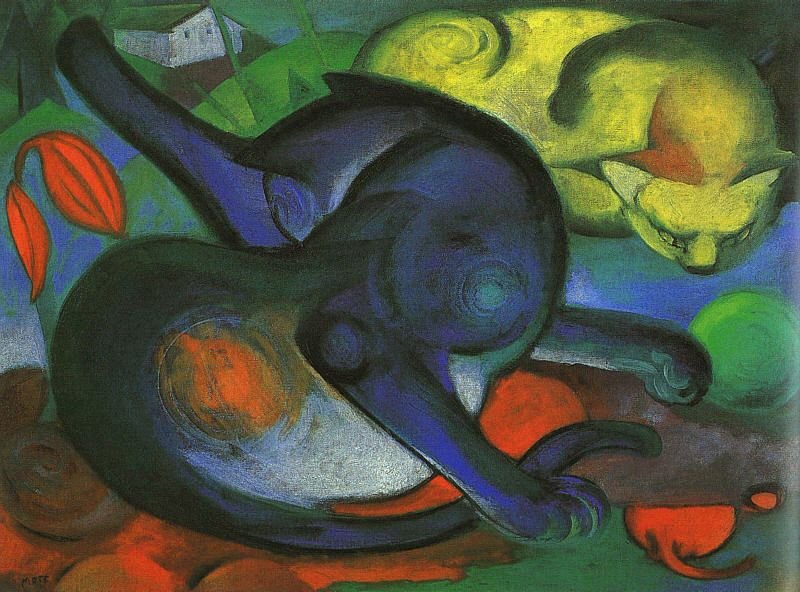 Zwei Katzen, sininen ja keltainen tekijältä Franz Marc