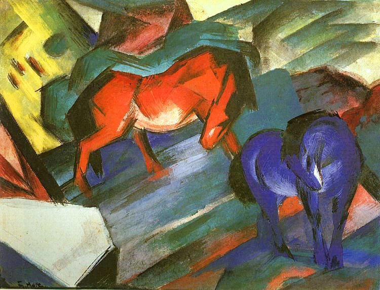punaisia ja sinisiä hevosia tekijältä Franz Marc