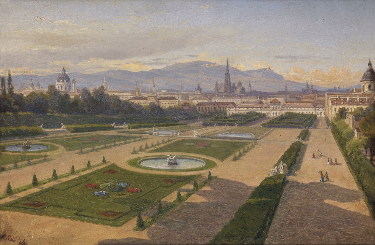 Blick vom Garten des Belvedere gegen Wien, Kahlen und den Leopoldsberg tekijältä Franz Reinhold