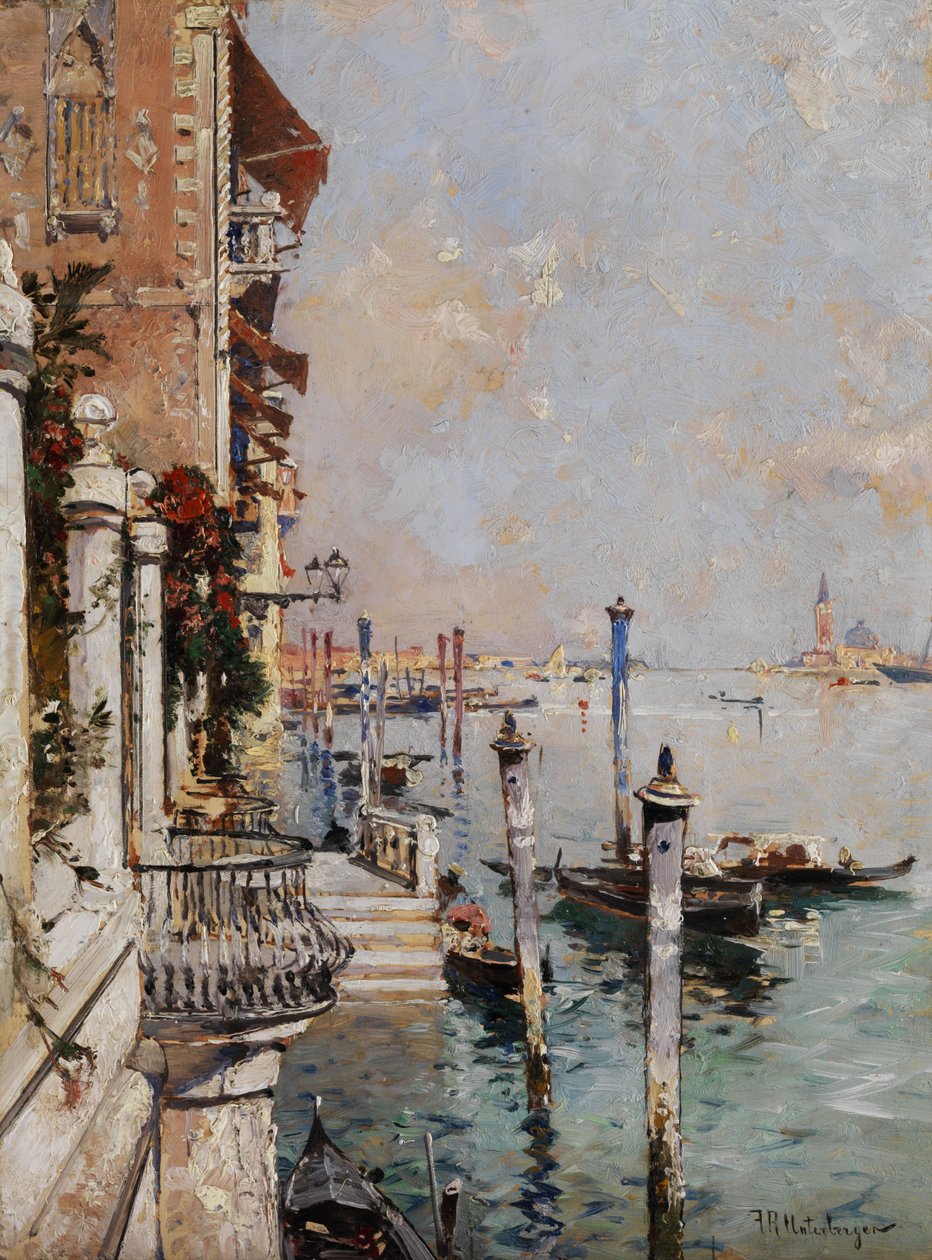 Venedig, Blick von einem Kanal über den Canal Grande hin zur Kirche San Giorgio tekijältä Franz Richard Unterberger