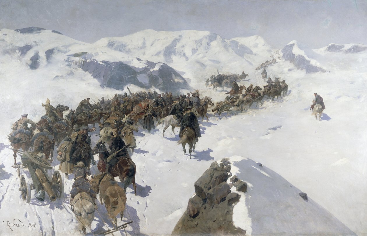 Kreivi Argutinsky ylittää Kaukasuksen vuoriston, 1892. tekijältä Franz Roubaud