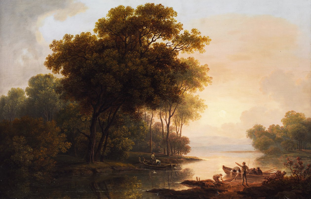 Baumlandschaft mit Blick auf ein Seeufer in diesigem Spätlicht tekijältä Franz Scheyerer