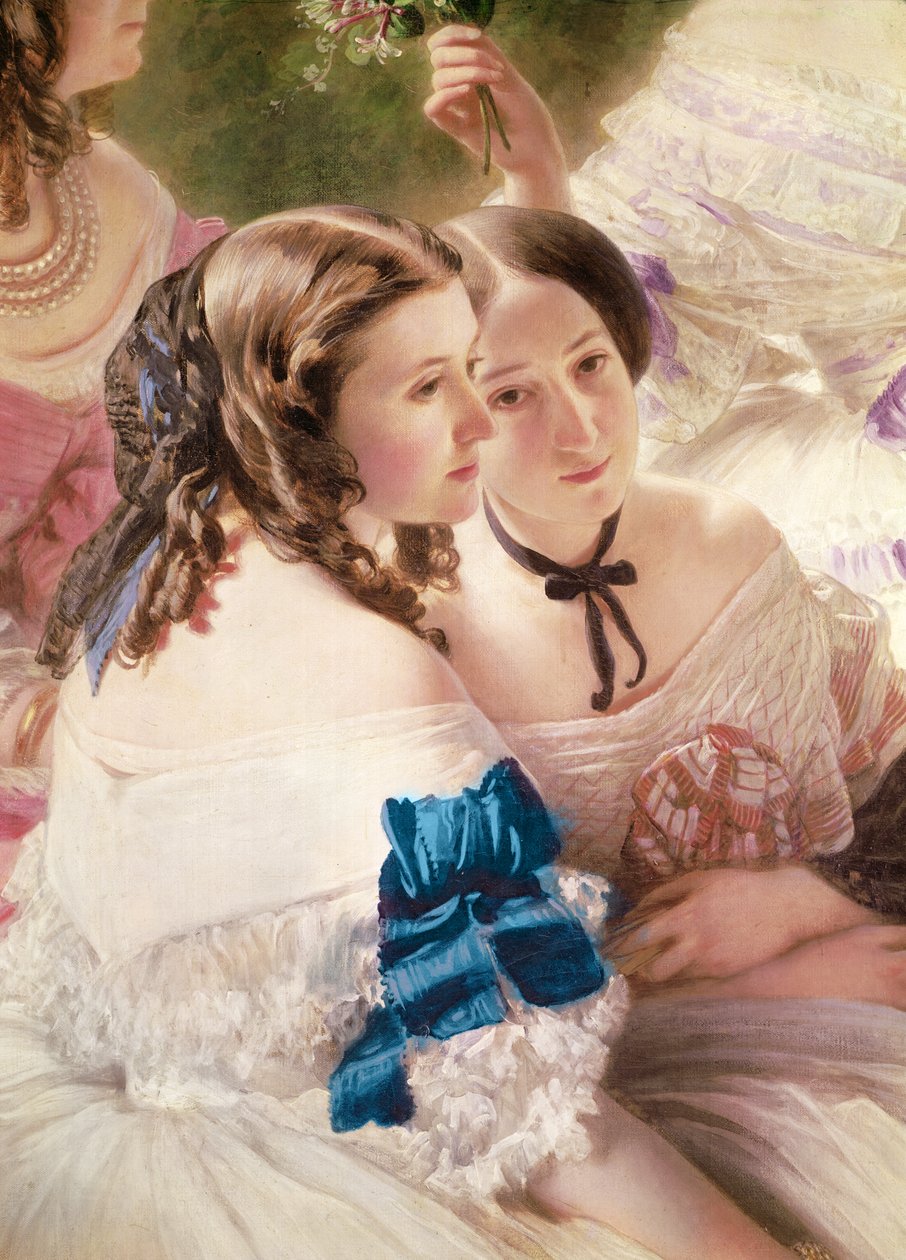 Keisarinna Eugénie odottavien naisten ympäröimänä yksityiskohta Pierresin paronitarsta, Lezay-Marnesian varakreivitär, 1855 öljy kankaalle tekijältä Franz Xaver Winterhalter