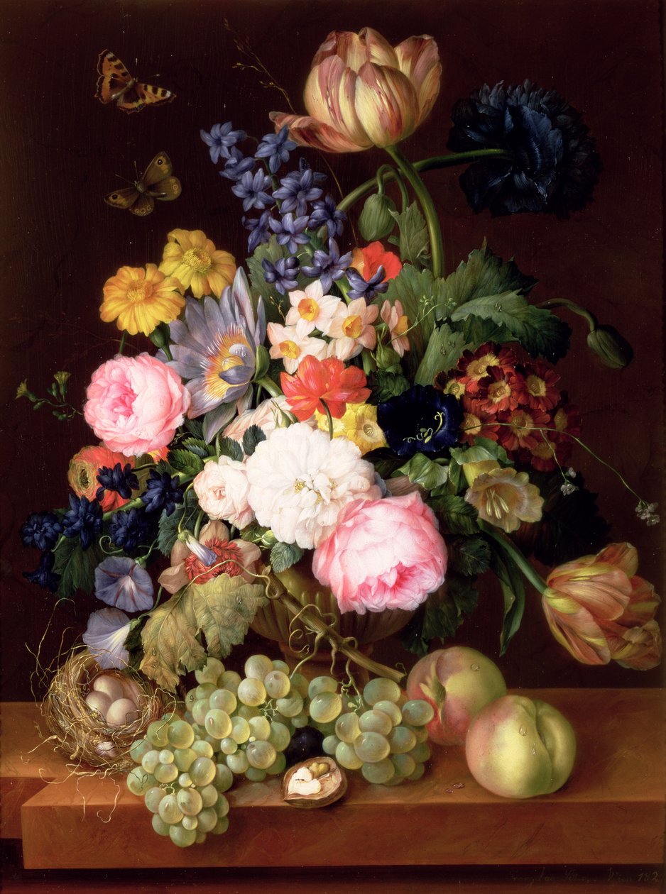 Kukkia ja hedelmiä sekä linnunpesä reunalla, 1821 (paneeli) tekijältä Franz Xavier Petter