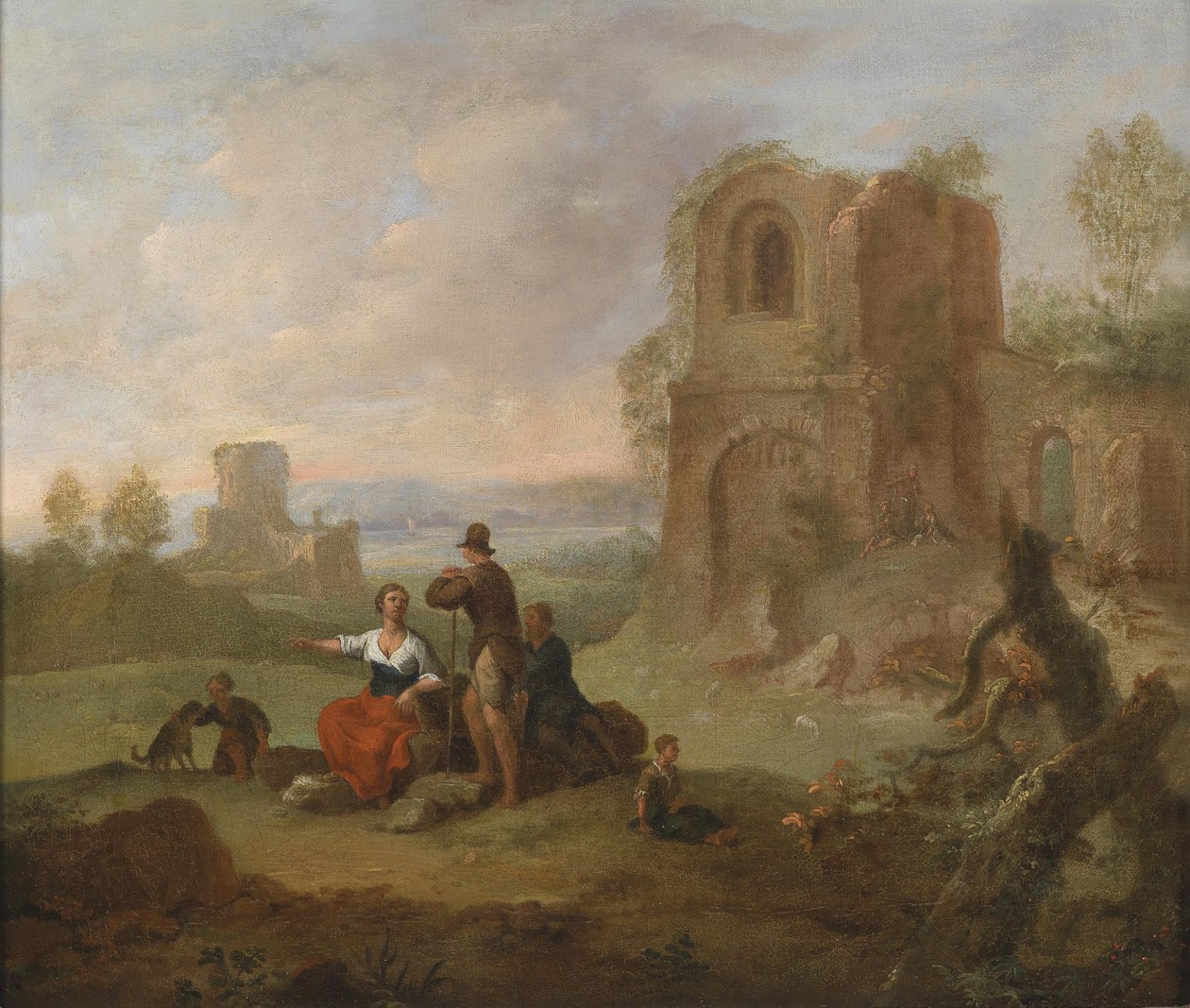 Ruinenlandschaft mit rastenden Wanderern. tekijältä Franz Ferg