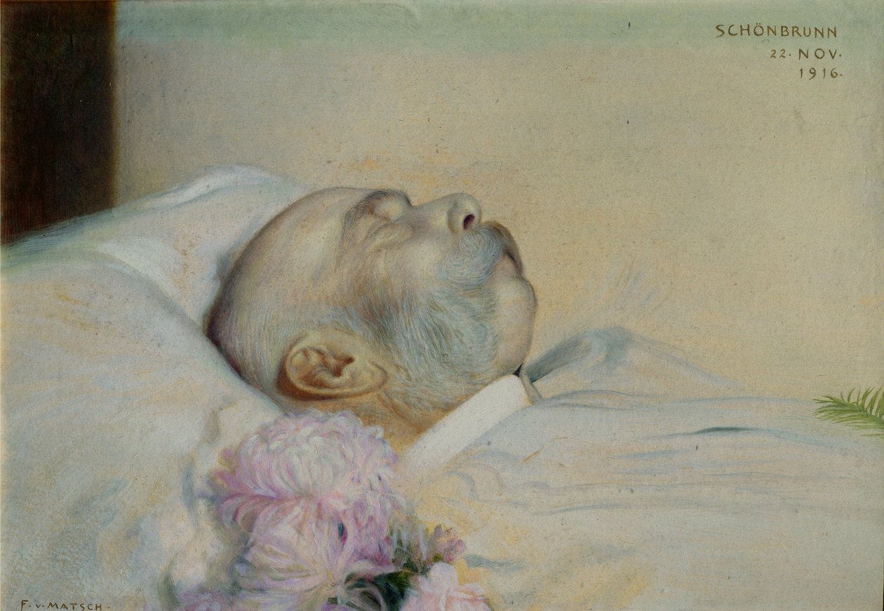 Itävallan keisari Franz Joseph I (1830-1916) kuolinvuoteellaan, 1916 tekijältä Franz von Matsch