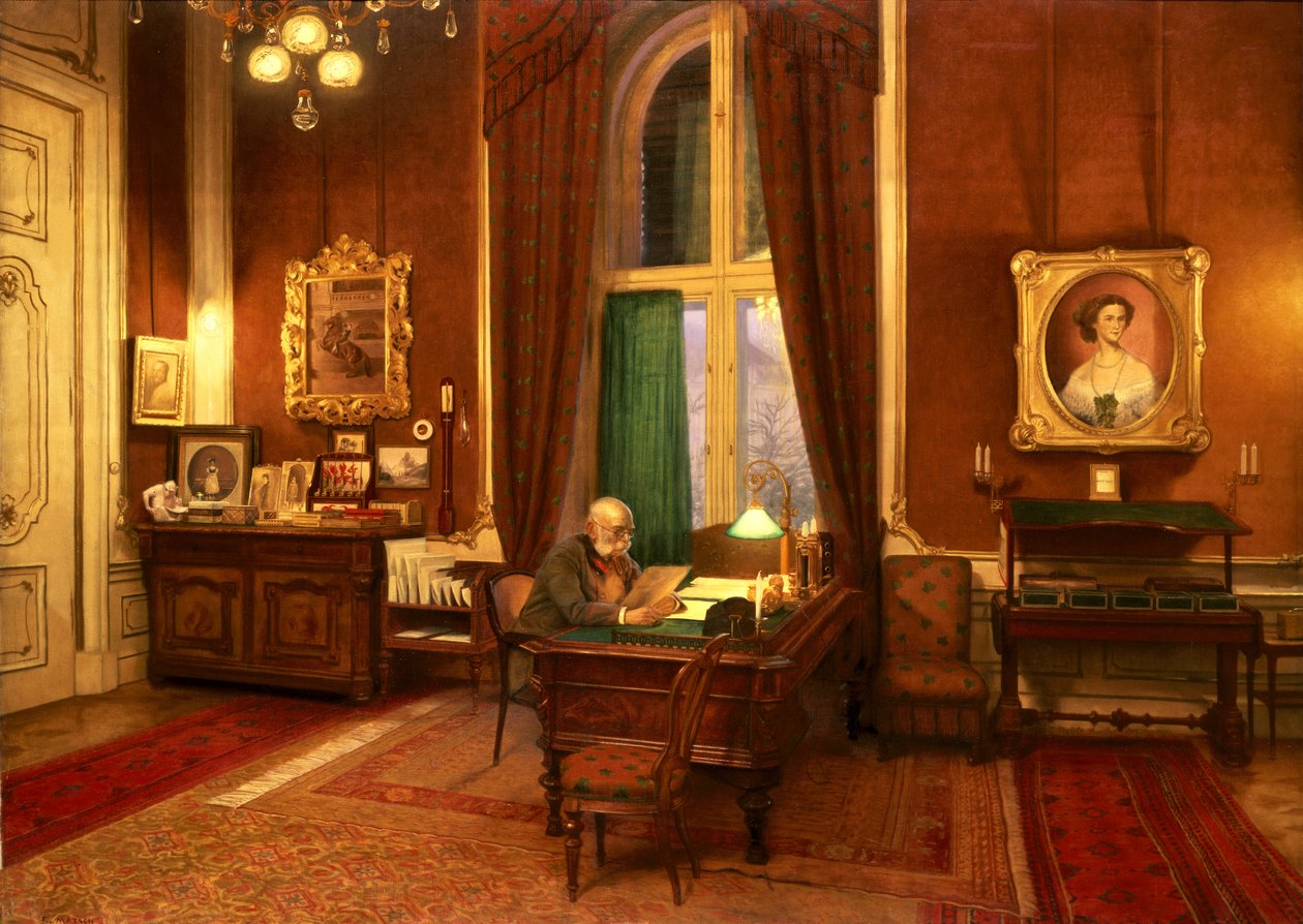 Itävallan keisari Franz Joseph I työhuoneessaan Schloss Schonbrunnissa. tekijältä Franz von Matsch