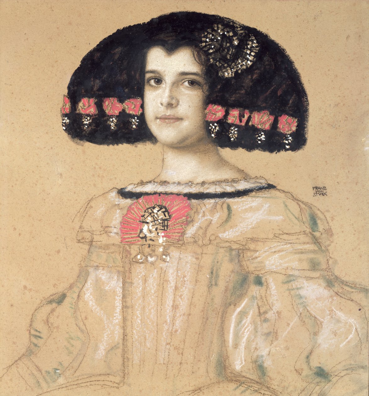 Muotokuva Mariasta, taiteilijan tyttärestä, n. 1908 (kynä, pesu ja pastelli laivalla) tekijältä Franz von Stuck