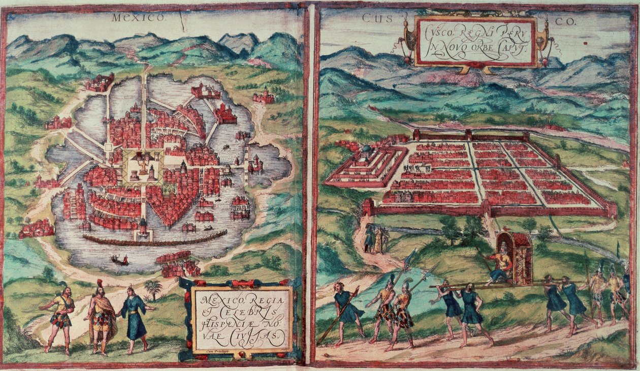 Suunnitelmat Mexico Citystä Meksikosta ja Cusco Citystä Perusta Carl Nebelin teoksesta Voyage Pittoresque (värikaiverrus) (katso 141102) tekijältä Franz (after) Hogenberg