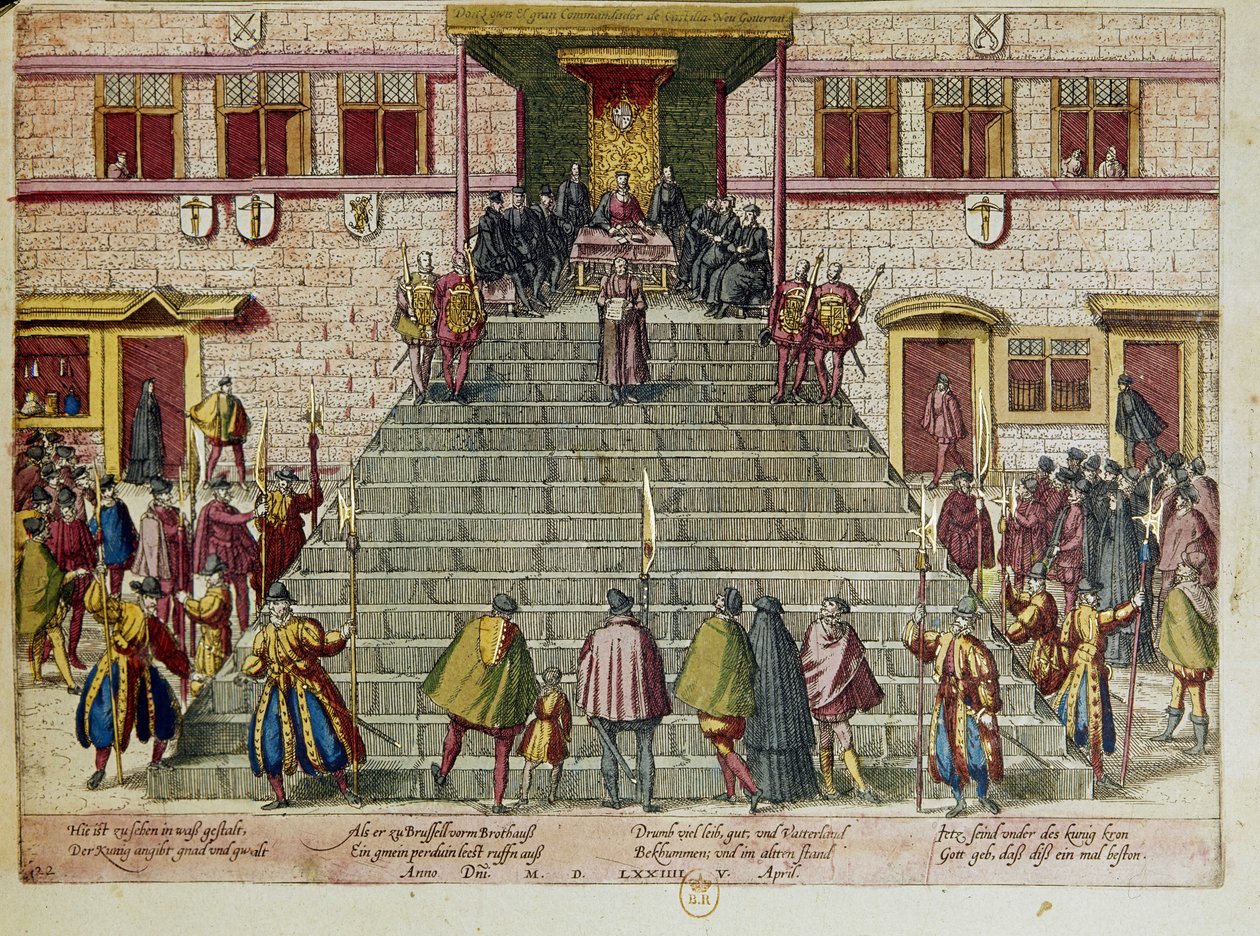 Armahdusasiakirjan lukeminen Brysselissä 05/04/1574: Vilhelm I Oranian-Nassaun prinssi, lempinimeltään Vilhelm Hiljainen (1533-1584), Espanjan Filip II:ta vastaan suunnatun kapinan alkuunpanija, joka tunnettiin nimellä "Neljänkymmenen vuoden sota" ja joka  tekijältä Franz (after) Hogenberg