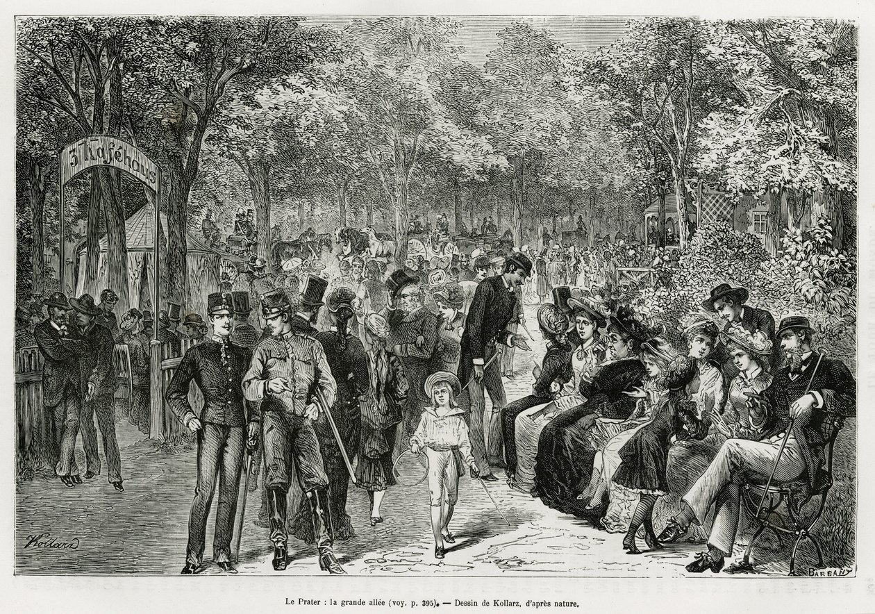 Prater: suuri kävelytie. Kollarzin kaiverrus havainnollistamaan tarinaa Wien ja sen esikaupunki, M. Newlinski, vuonna 1881, julkaistu Tour du mondessa, Edouard Chartonin (1807-1890) johdolla tekijältä Franz (after) Kollarz