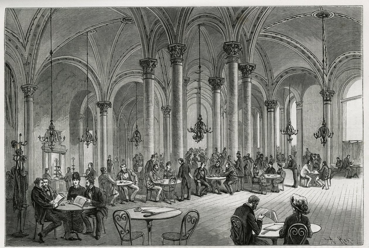 Wienin (Itävalta) keskuskahvila. Kollarzin kaiverrus havainnollistamaan tarinaa Wien ja sen esikaupunki, M. Newlinski, vuonna 1881, julkaistu Tour du mondessa, Edouard Chartonin (1807-1890) johdolla tekijältä Franz (after) Kollarz