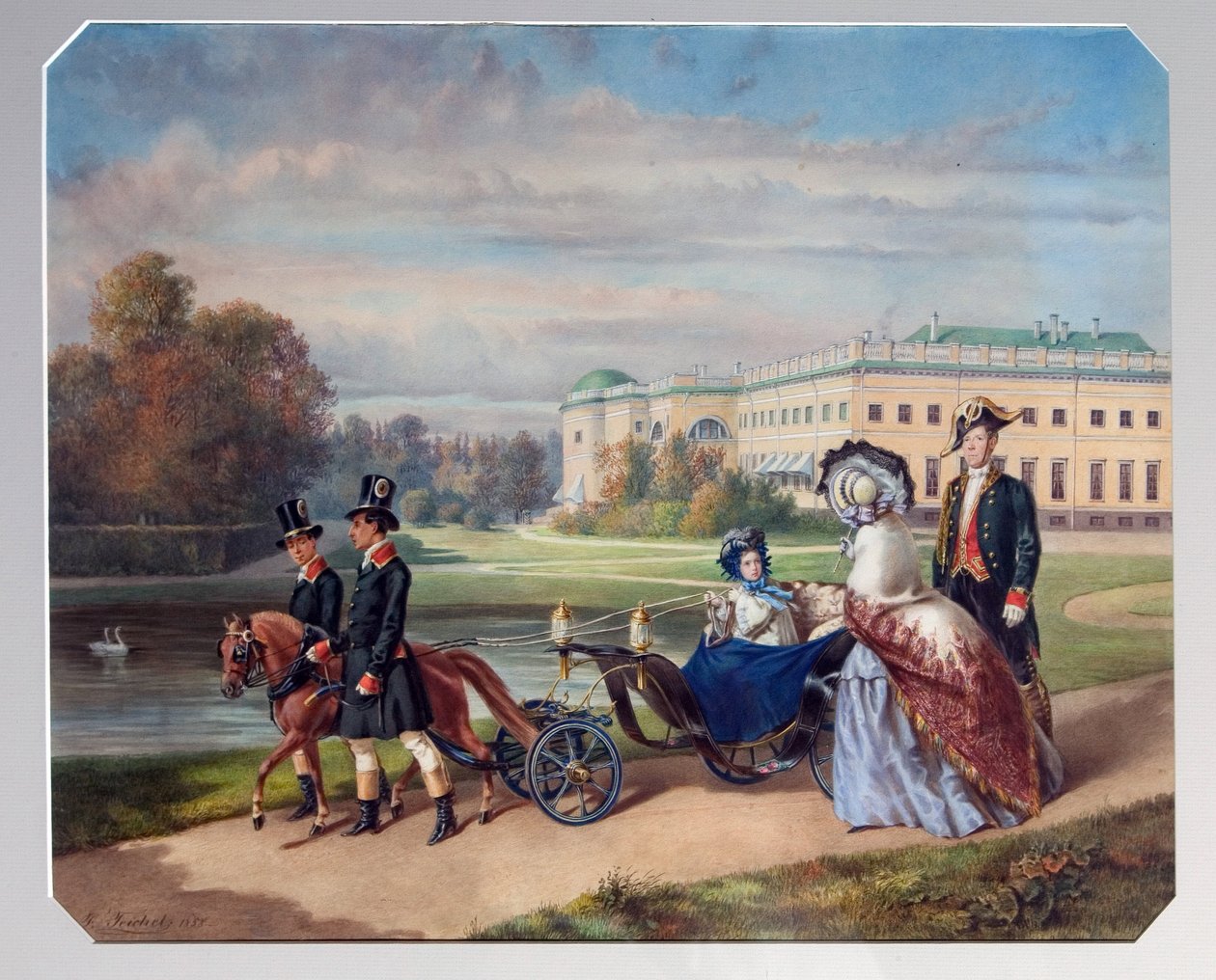 El passeig de la gran duquessa Maria Alexandrovna de Rússia (1853-1920). En un petit equip arrossegat per un poni, camina pel parc de Tsarkoie Selo, residència d