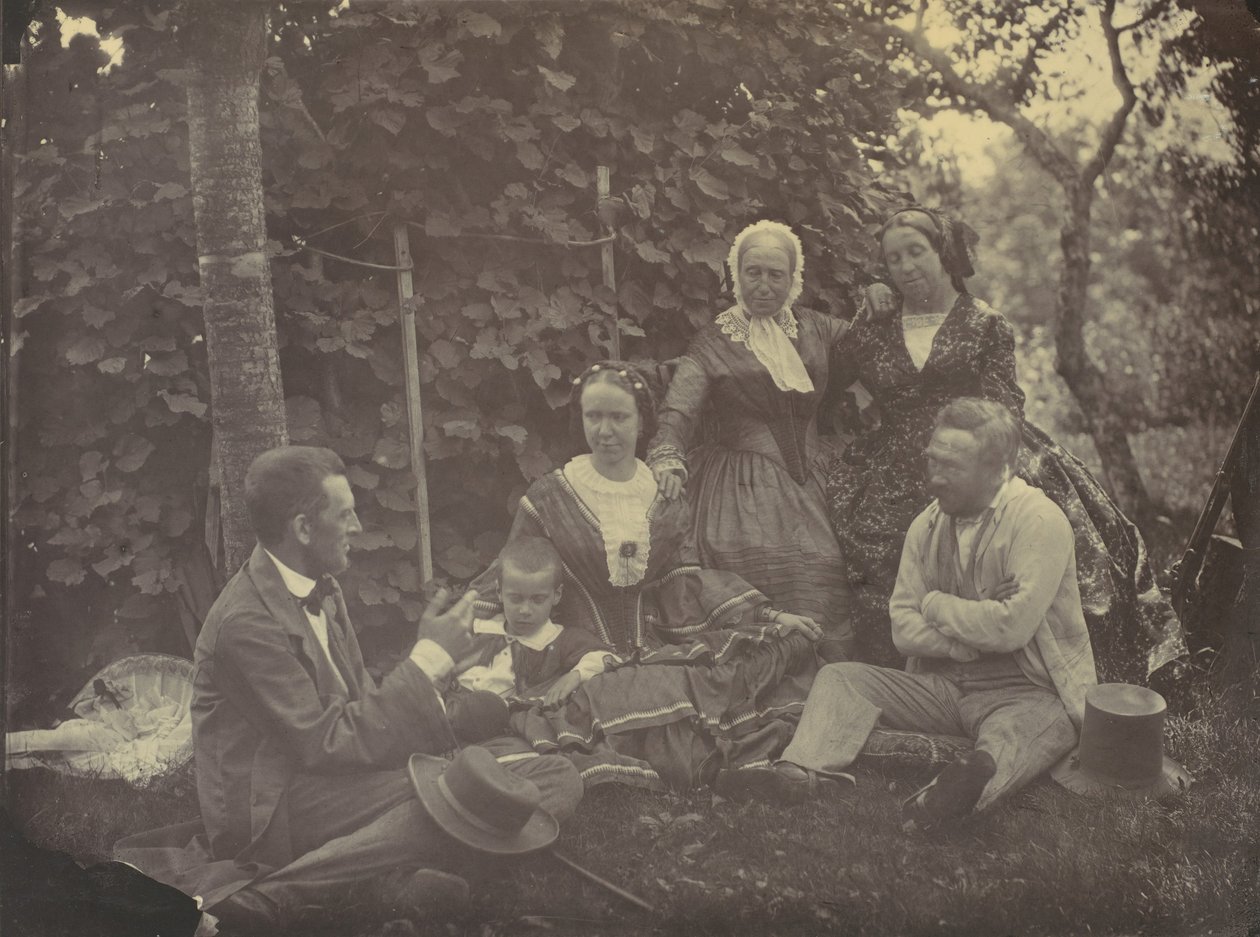[Kolme naista, kaksi miestä ja lapsi piknikillä], 1850-60-luvut. tekijältä Franz Antoine