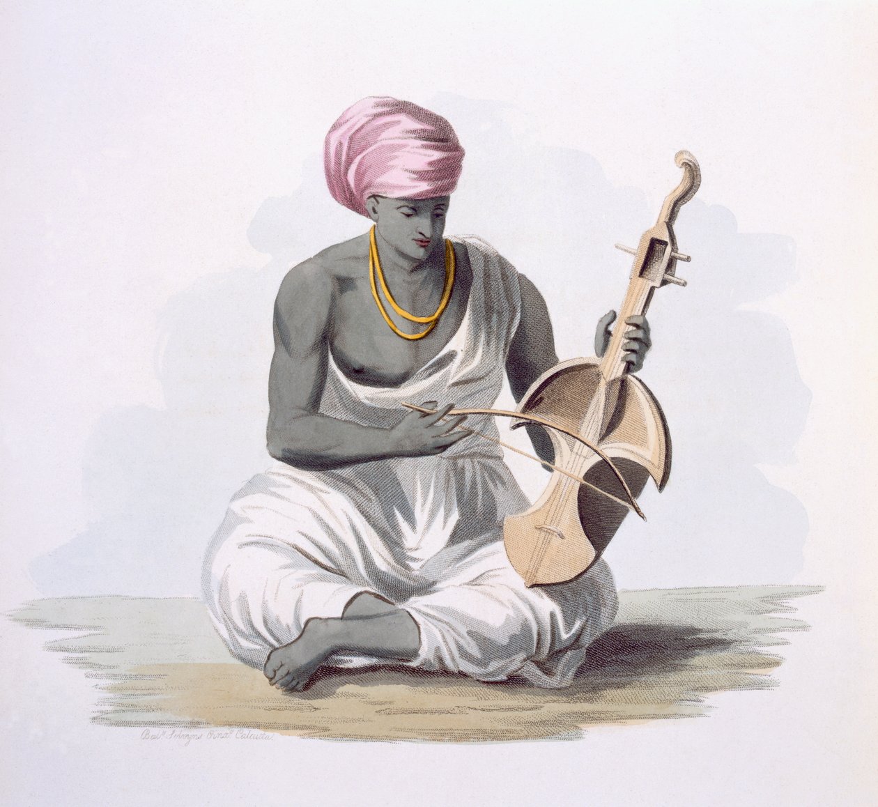 Sarinda- eli Hindostan-tyyppinen viulu E. Ormen teoksesta "Intian puvut", 1804 (värillinen etsaus) tekijältä Franz Balthazar Solvyns