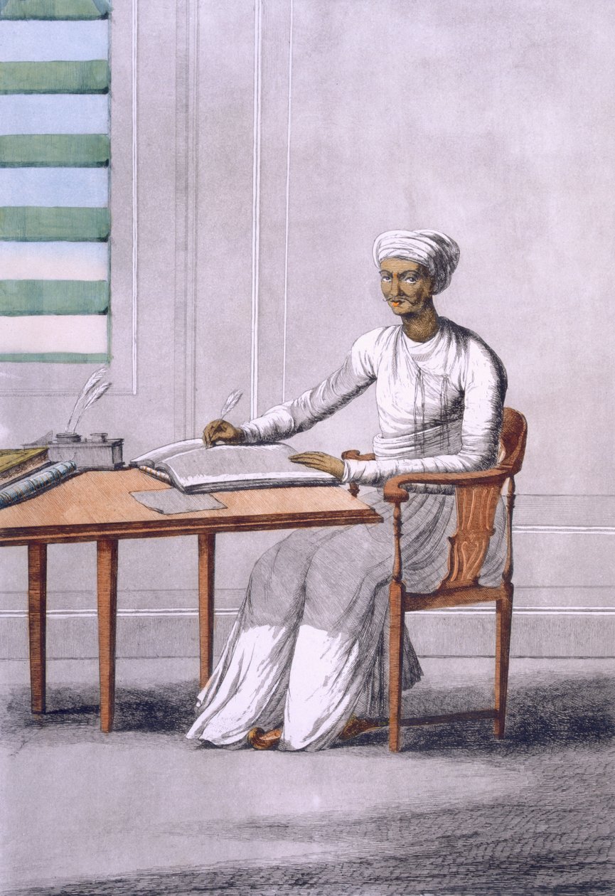 Causto (clerkscribe), kirjasta "The Hindut or the Description of their Mores, Customs and Ceremonies", pub. 1808-12 (värillinen etsaus) tekijältä Franz Balthazar Solvyns