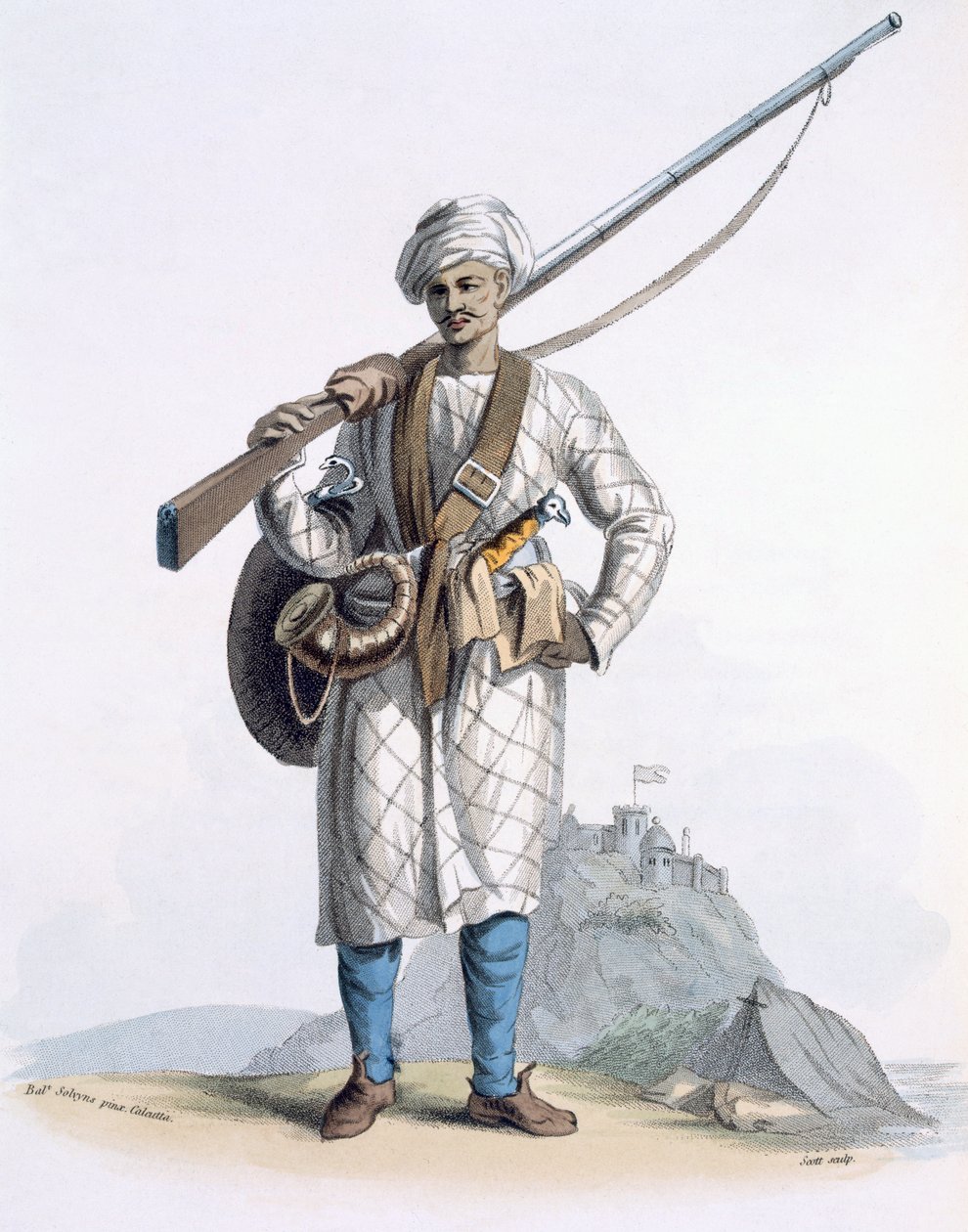 Behaleea tai hindu sotilas, E. Ormen "Intian puvut", 1804 (värillinen etsaus) tekijältä Franz Balthazar Solvyns
