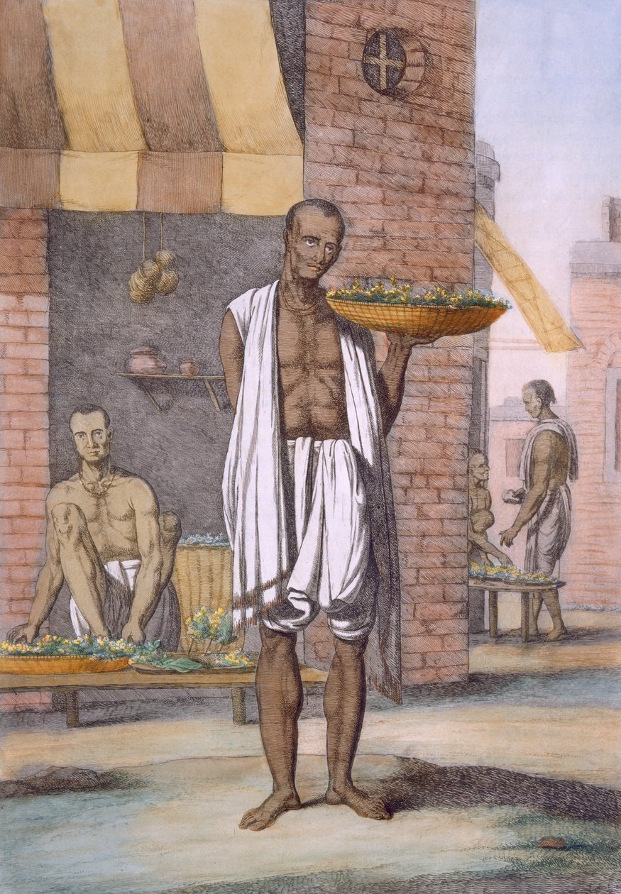 Kukkamiehet, teoksesta "Hindut, tai niiden tapojen, pukujen ja seremonioiden kuvaus", n. 1808-1812 (värillinen etsaus) tekijältä Franz Balthazar Solvyns