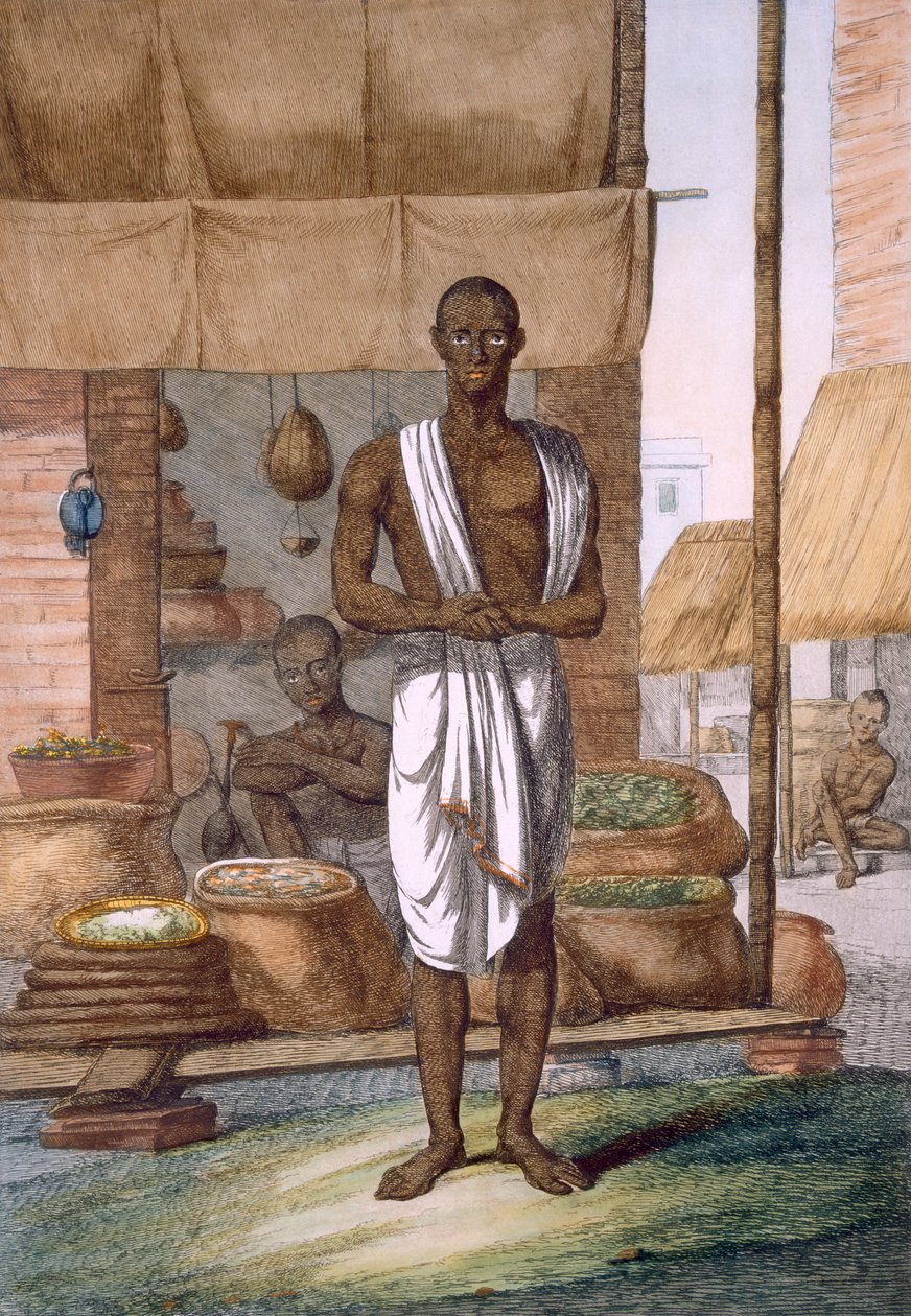 Ruokakauppias myymälänsä ulkopuolella säkeissä olevia tavaroineen, teoksesta "The Hindut, or the Description of their Manners, Costumes and Ceremonias", n. 1808-1212 (värillinen etsaus) tekijältä Franz Balthazar Solvyns