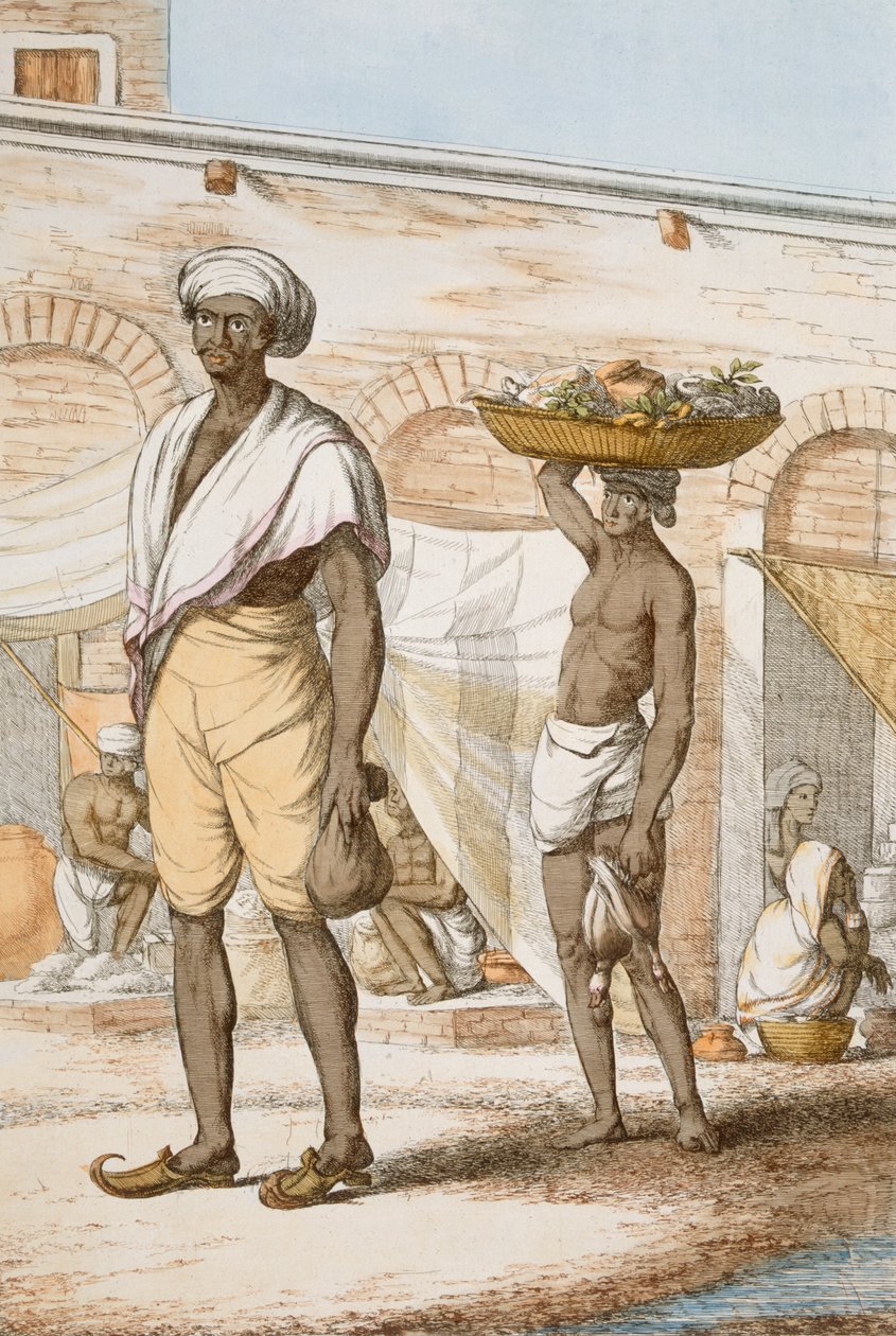 Hindupalvelija tai ruuan ostaja, julkaisusta "Hindut tai niiden tapojen, pukujen ja seremonioiden kuvaus", n. 1808-1812 (värillinen etsaus) tekijältä Franz Balthazar Solvyns