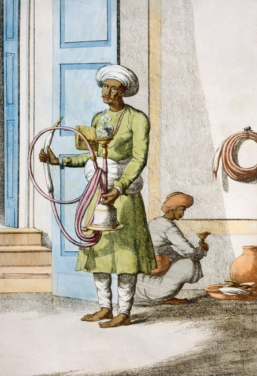 Hookah Burdar eli Huka-kantaja, teoksesta "The Hindus, or the Description of their Manners, Costumes and Ceremonies", noin 1808-12 (värillinen etsaus). tekijältä Franz Balthazar Solvyns