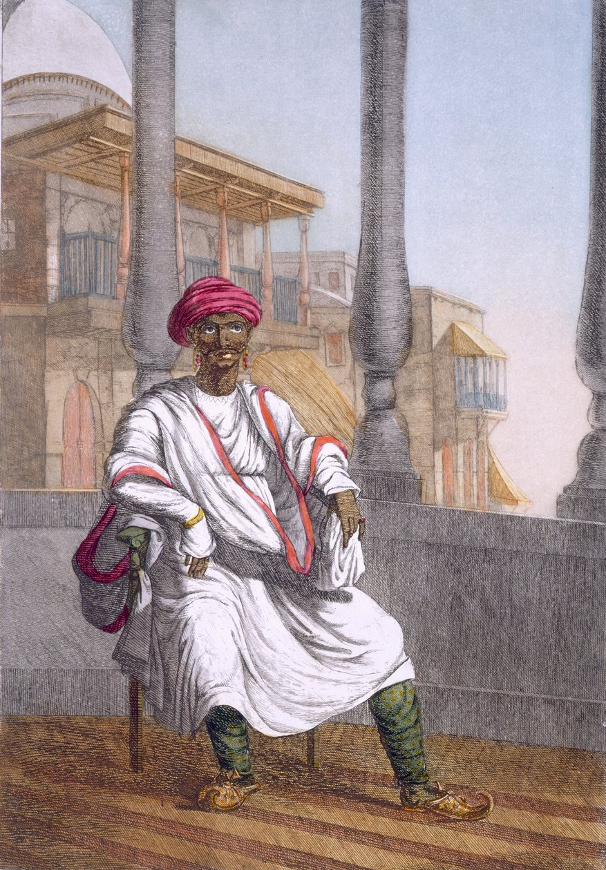 Maanomistaja, korkealuokkainen hindu, teoksesta "Hindut, tai niiden tapojen, pukujen ja seremonioiden kuvaus", n. 1808-1812 (värillinen etsaus) tekijältä Franz Balthazar Solvyns