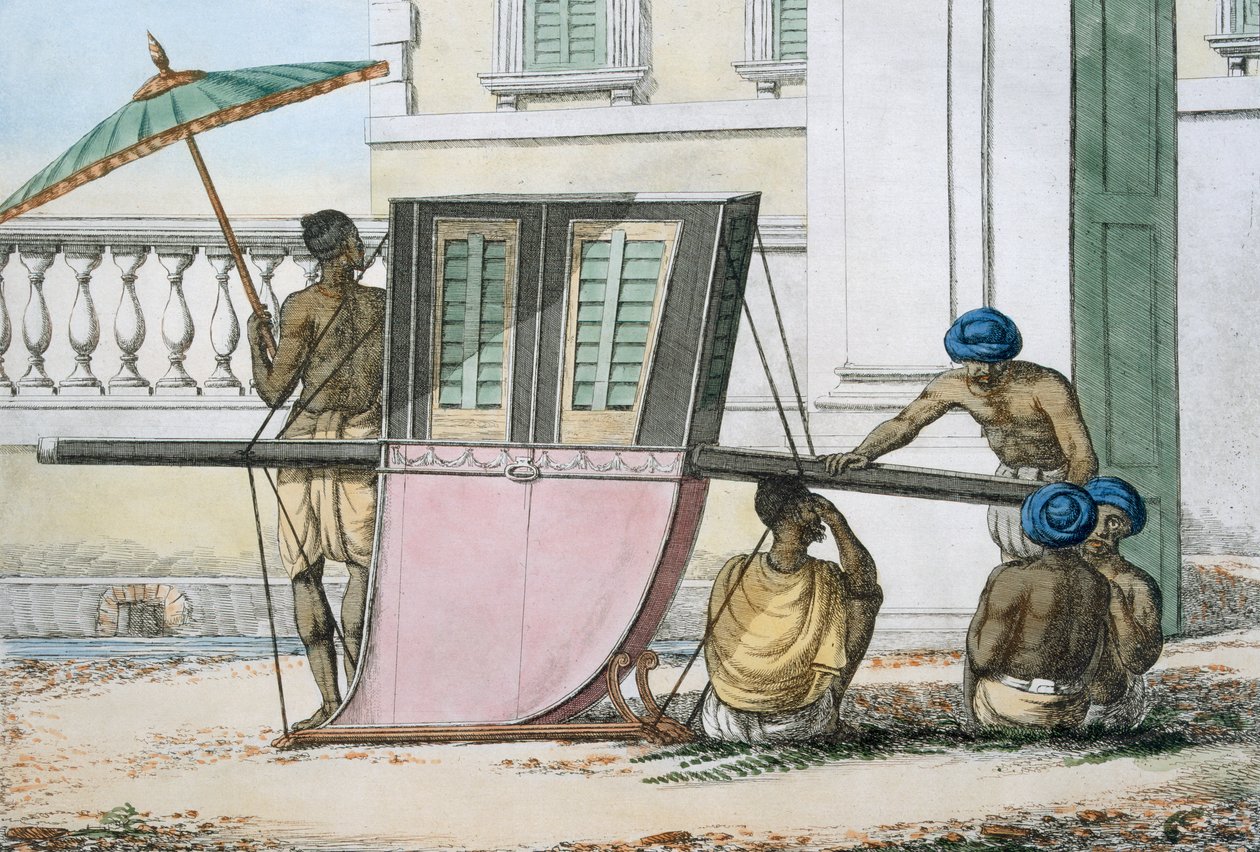 Palanquin-istuin, teoksesta "The Manners, Customs and Dress of The Hindus", 1799 (värillinen etsaus) tekijältä Franz Balthazar Solvyns