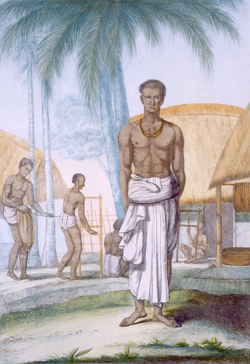 Rope Maker, teoksesta "Hindust tai kuvaus heidän tapoistaan, pukuistaan ja seremonioistaan", n. 1808-1812 (värillinen etsaus) tekijältä Franz Balthazar Solvyns