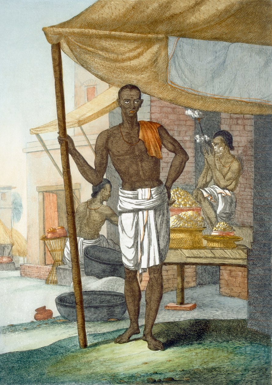 Kauppiaita: makeiskauppias, teoksesta "Hindut tai heidän tapojensa, asujensa ja seremonioidensa kuvaus", n. 1808-12 (värillinen etsaus). tekijältä Franz Balthazar Solvyns