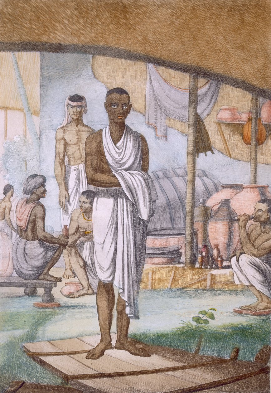 Viininvalmistaja ja jälleenmyyjä, teoksesta "Hindust, tai niiden tapojen, pukujen ja seremonioiden kuvaus", n. 1808-1812 (värillinen etsaus) tekijältä Franz Balthazar Solvyns