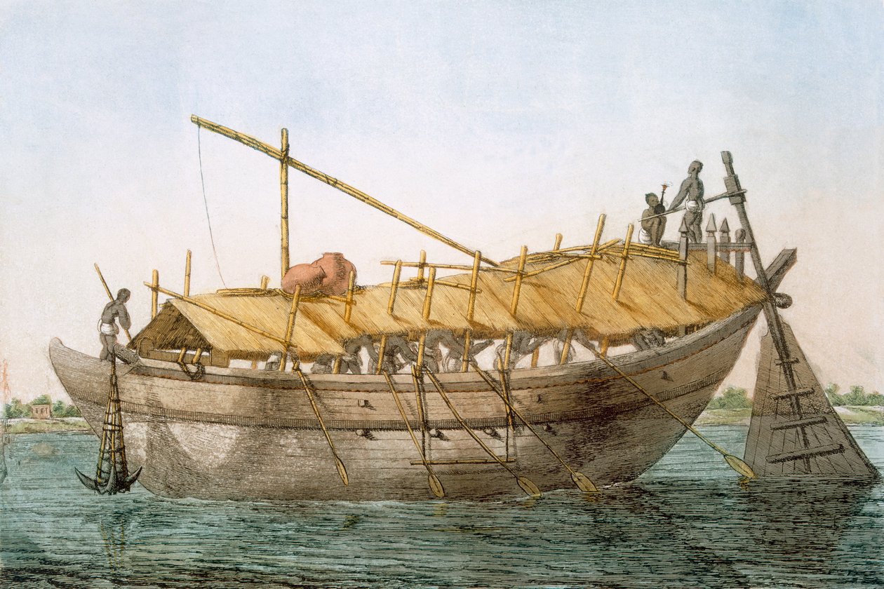 Wolack, jokikulkuneuvot tavaroiden kuljettamiseen, kirjasta "Hindut tai heidän tapojensa, pukujensa ja seremonioidensa kuvaus", n. 1808-1812 (värillinen etsaus) tekijältä Franz Balthazar Solvyns
