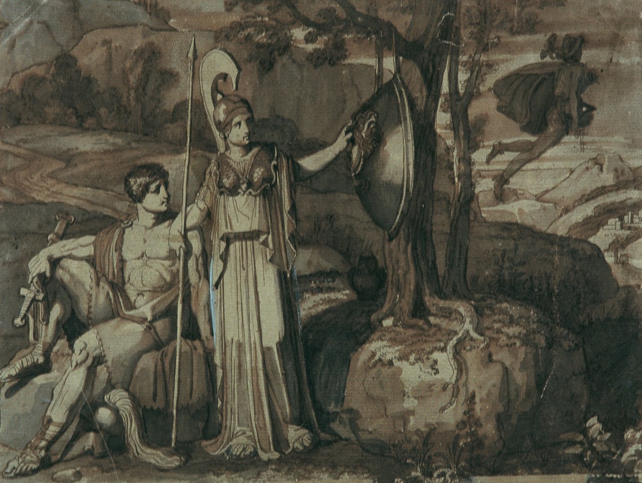 Kohtaus Perseus-legendasta: Athena Gorgon-kilven kanssa tekijältä Franz Caucig