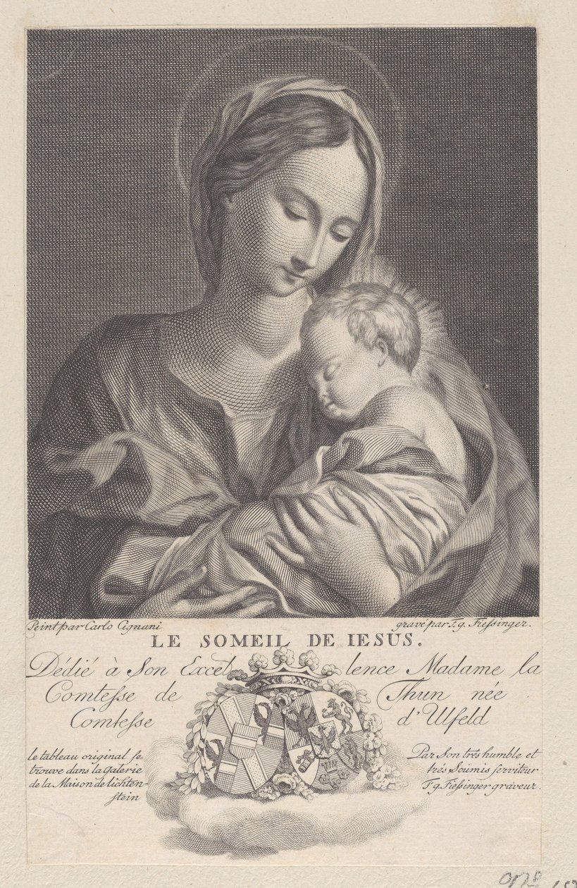 Neitsyt ja lapsi, Kristus-lapsi nukkumassa sylissään Le Sommeil de Jesus, 1743-1807. tekijältä Franz Gabriel Fiessinger