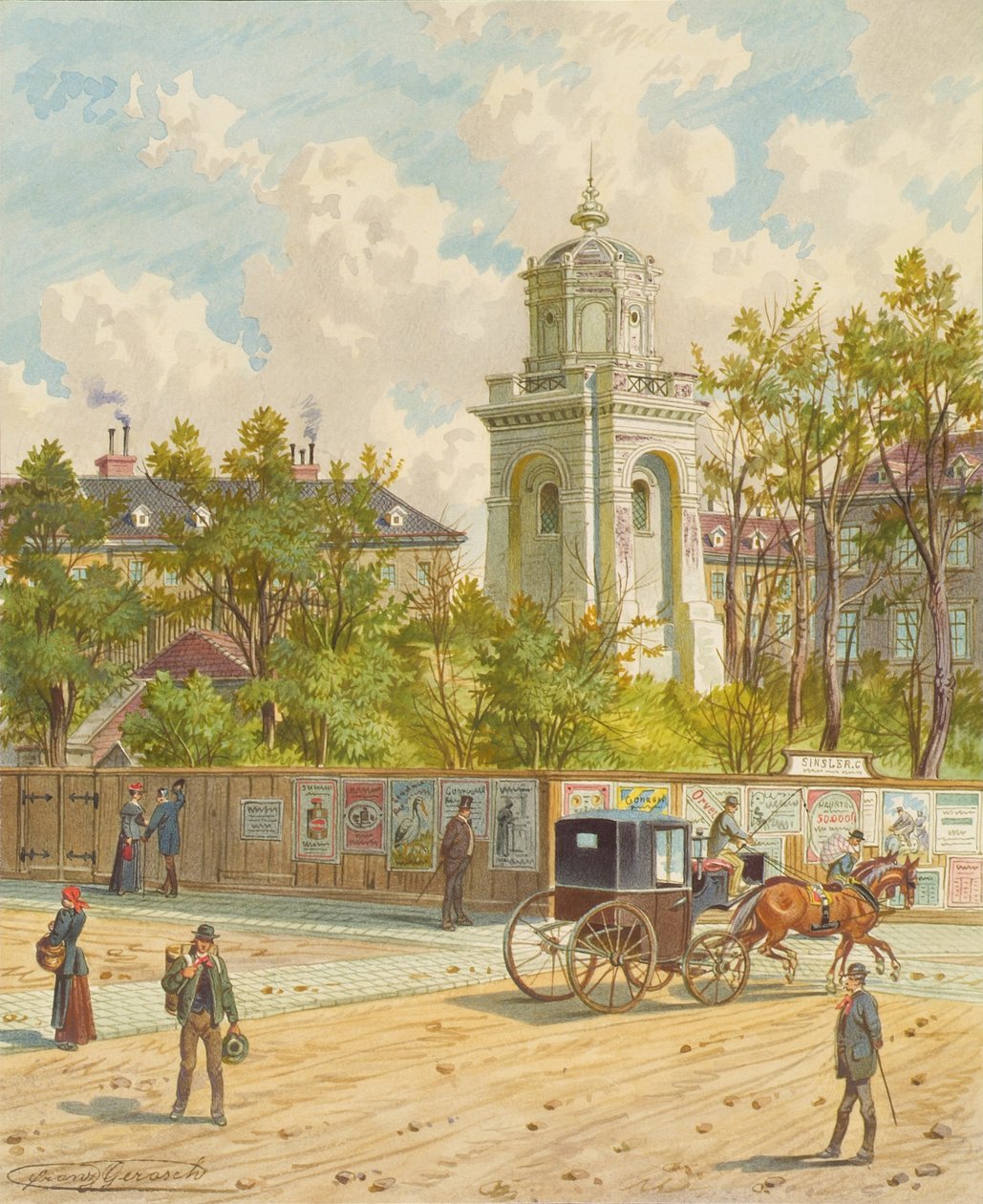Währinger Strasse Wienissä (jossa on Ferdinandin akveduktin torni) tekijältä Franz Gerasch