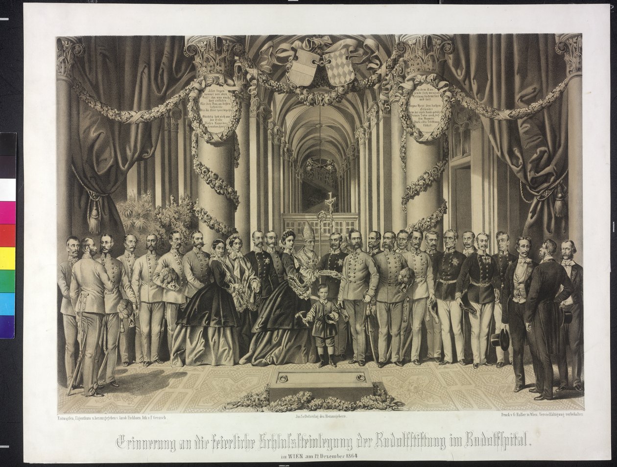 Muistutus Rudolf-säätiön hautakiven juhlallisella laskemisella Rudolfspitalissa 1864 (litografia). tekijältä Franz Gerasch